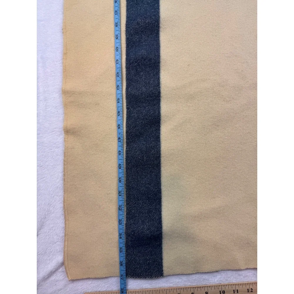 Vintage US Navy Wool Medical Blanket Cream Tan with Blue Stripe Military Issue